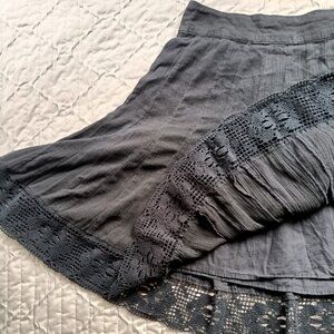 100% Cotton Black A-Line Skirt with Crochet Lace Hem